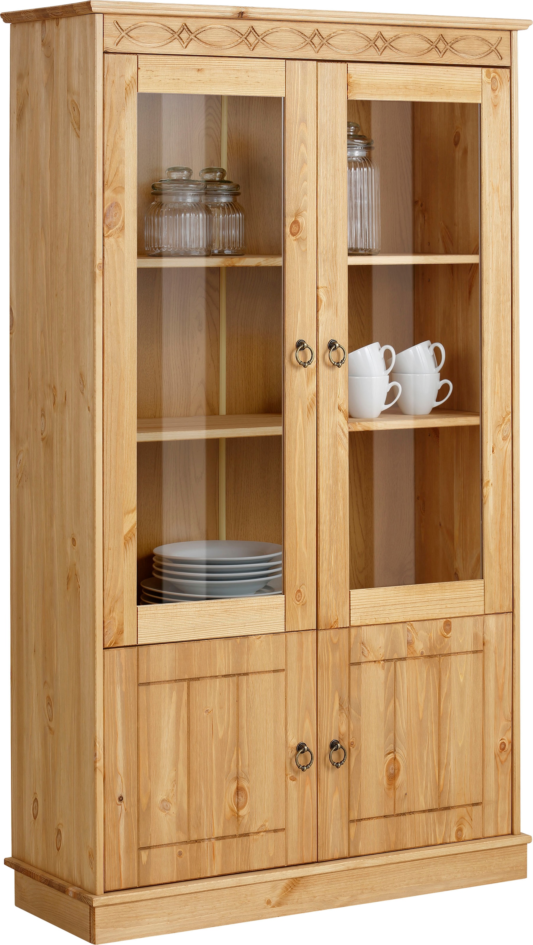 Home affaire Vitrine »Indra« aus massiver Kiefer, FSC®, Höhe 145 cm, dezentes Ornament