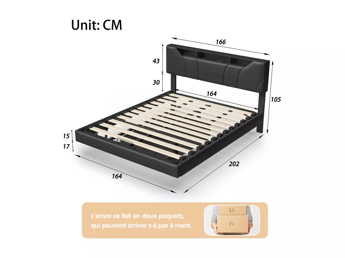 Lit double rembourré 160x200cm - avec USB et lumière LED - Cadre de lit avec tête de lit rangement et coffre de rangement pour lit, en PU- Gris