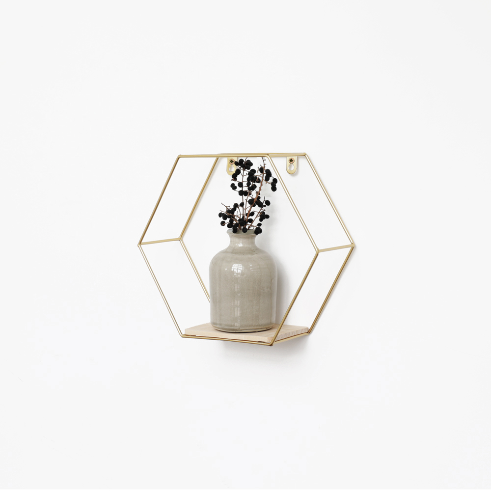 Etagère murale hexagonale en métal - 25x28,5 cm - or - lot de 3