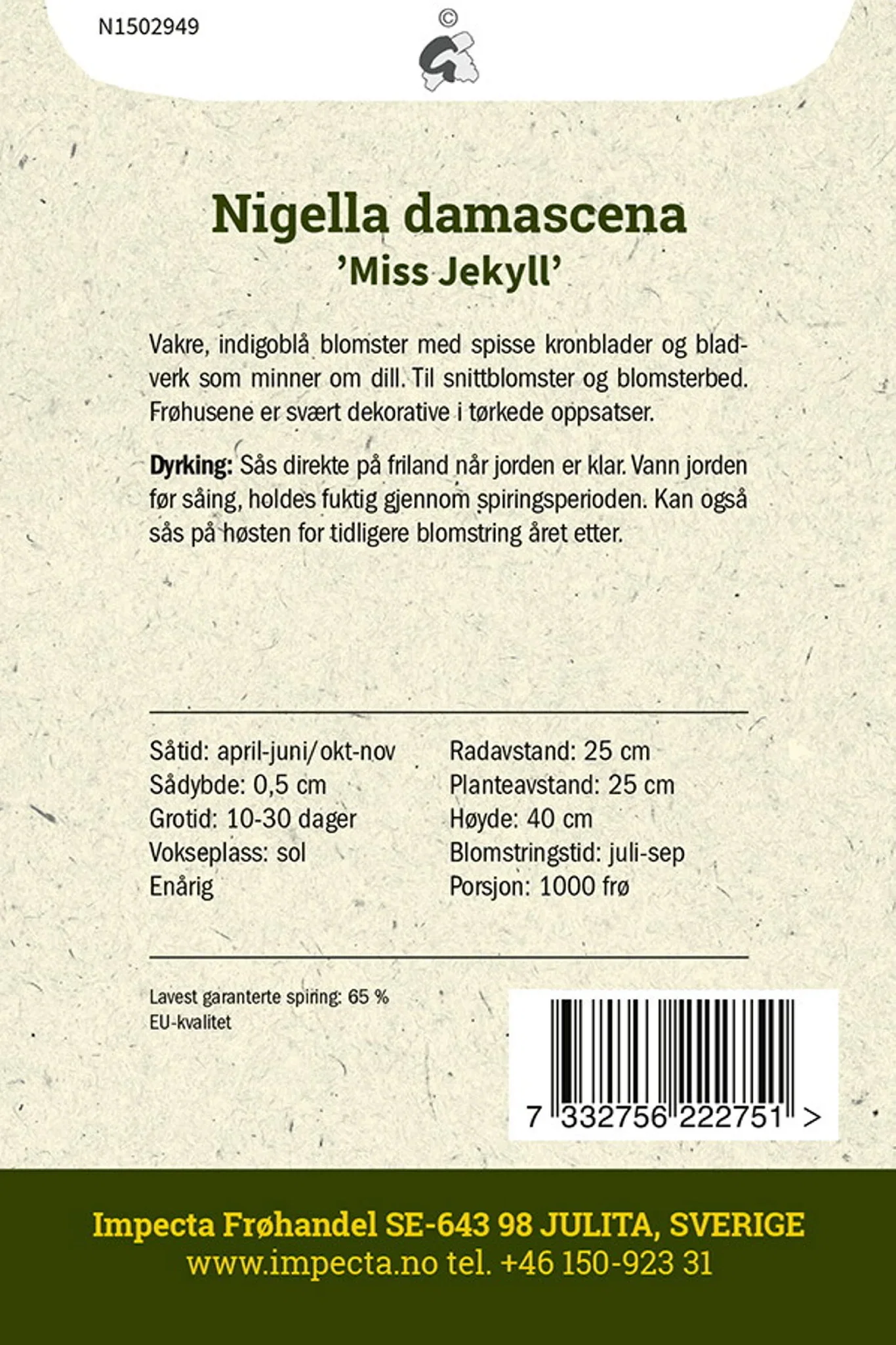 Nigella damascena 'Miss Jekyll' Damaskussvartfrø 'Miss Jekyll'