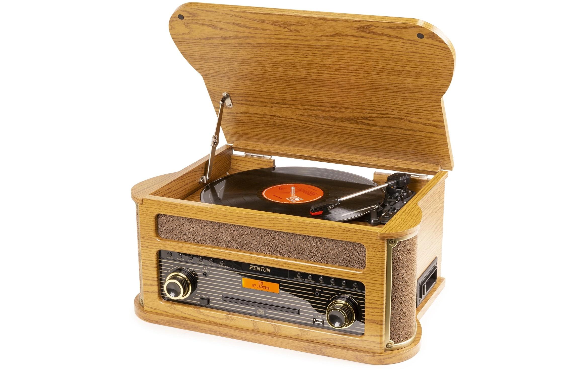 Plattenspieler Memphis Vintage Hellbraun<br>Retro Plattenspieler mit Radio, Bluetooth, Media-Player und Umwandlungsmöglichkeit für Schallplatten und Kassetten