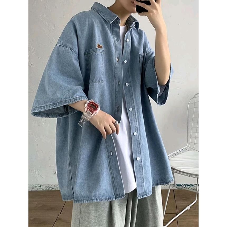 GRAYCIOUS - Denim overhemd met knoopjes en elleboogmouwen