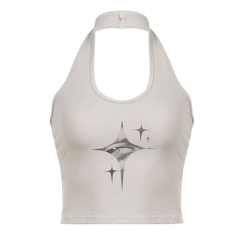 Honet - Halternek Grafische Print Slim-Fit Open Rug Crop Tanktop