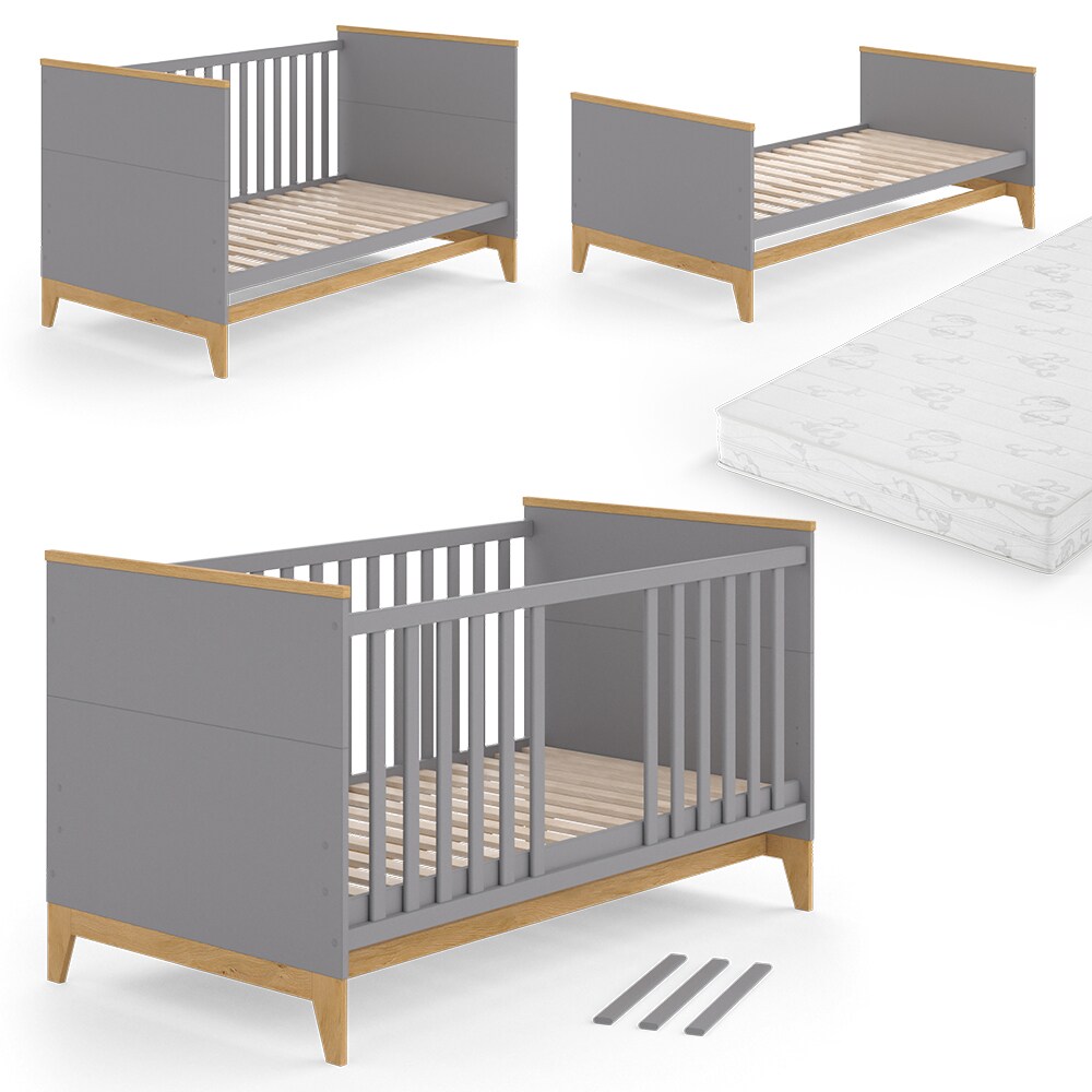 VitaliSpa Kinderbett Babybett Juniorbett Malia Grau Eiche Matratze modern 70x140 cm Kinderzimmer Bett Babyzimmerbett Kindermöbel Babymöbel Schlupfsprossen Lattenrost Rausfallschutz Einzelbett