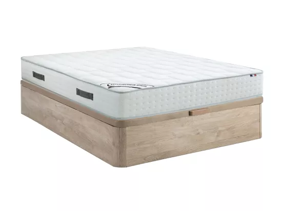 Ensemble 160 x 200 cm sommier coffre naturel clair + matelas hybride ressorts ensachés 7 zones mousse à mémoire de forme ép.25cm - IONIA de YSMÉE