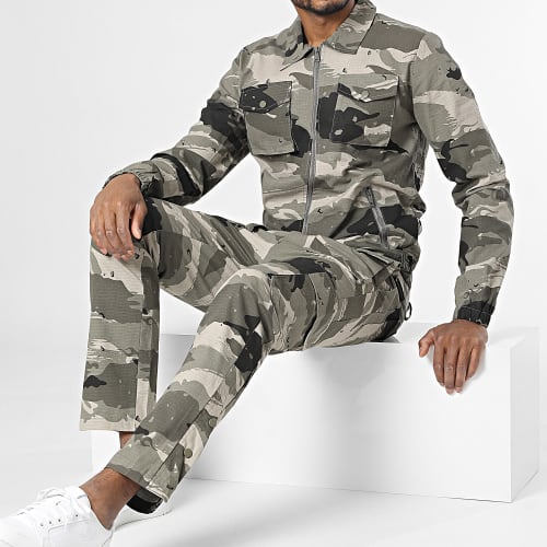 Ensemble Veste Zippée Et Pantalon Cargo Vert Kaki Gris Camouflage