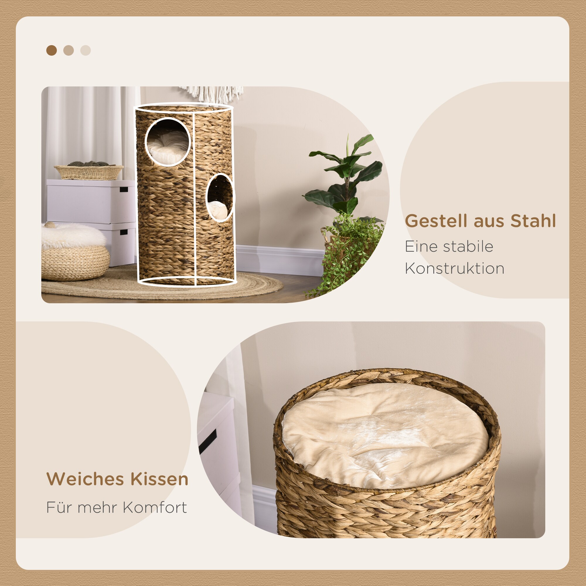 PawHut Katzenturm mit Kissen und 3 Eingängen braun 40L x 40B x 73H cm
