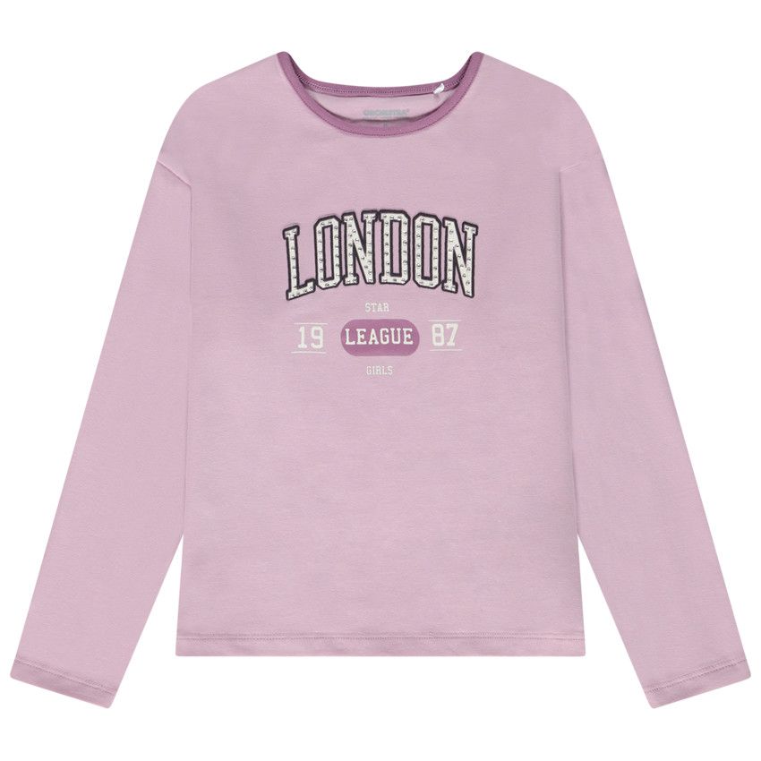 T-shirt manches longues en jersey print et strass pour fille - Rose