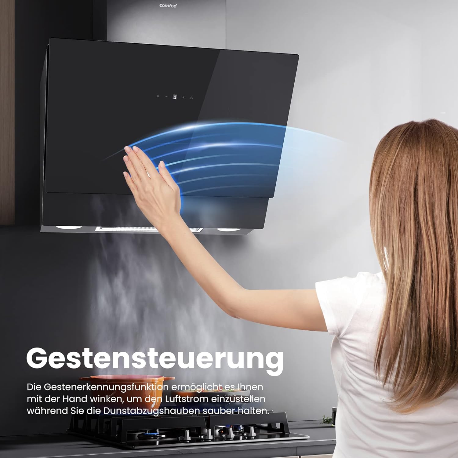 COMFEE' CH60J72ET6A3B A+++ Dunstabzugshaube 60 cm, 650m³/h Luftstrom, Kopffreihaube 60cm Umluft und Abluft, Touchscreen, Gestensteuerung, 4 Geschwindigkeiten, LED, Schwarz