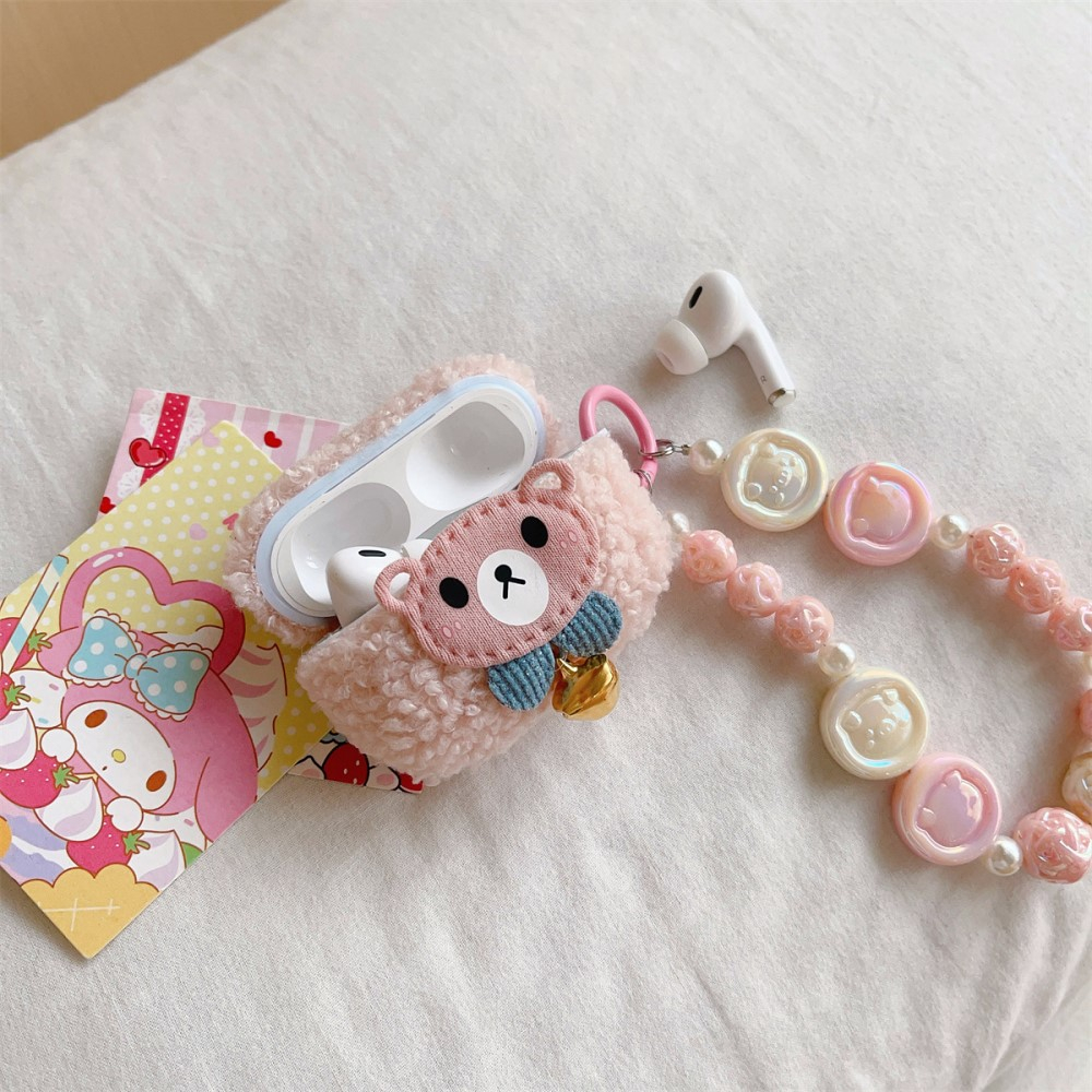 AirPods Pro (2. Generation) Gummi Case Schutzhülle mit Handschlaufe - Cartoon Bär (Rosa)
