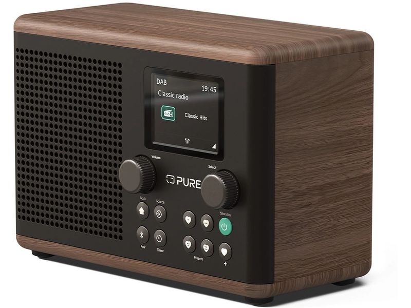 Pure DAB  Radio Classic H4 Walnuss/Schwarz Digitales Küchenradio mit Bluetooth, USB-Port und AUX-Anschluss