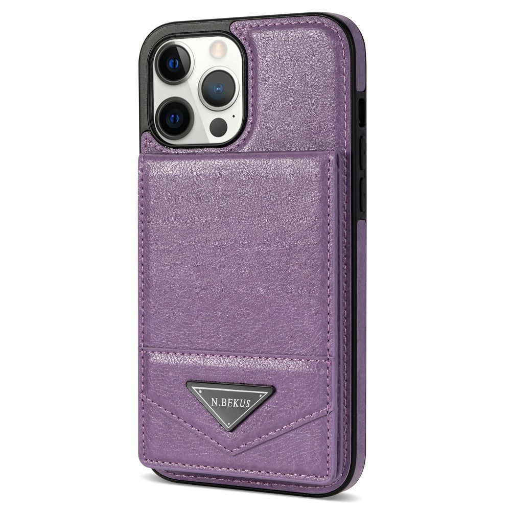 iPhone 15 Pro Max Hybrid Leder Hardcase Hülle mit Kartenfächer mit Aufsteller (RFID Schutz) - Lila
