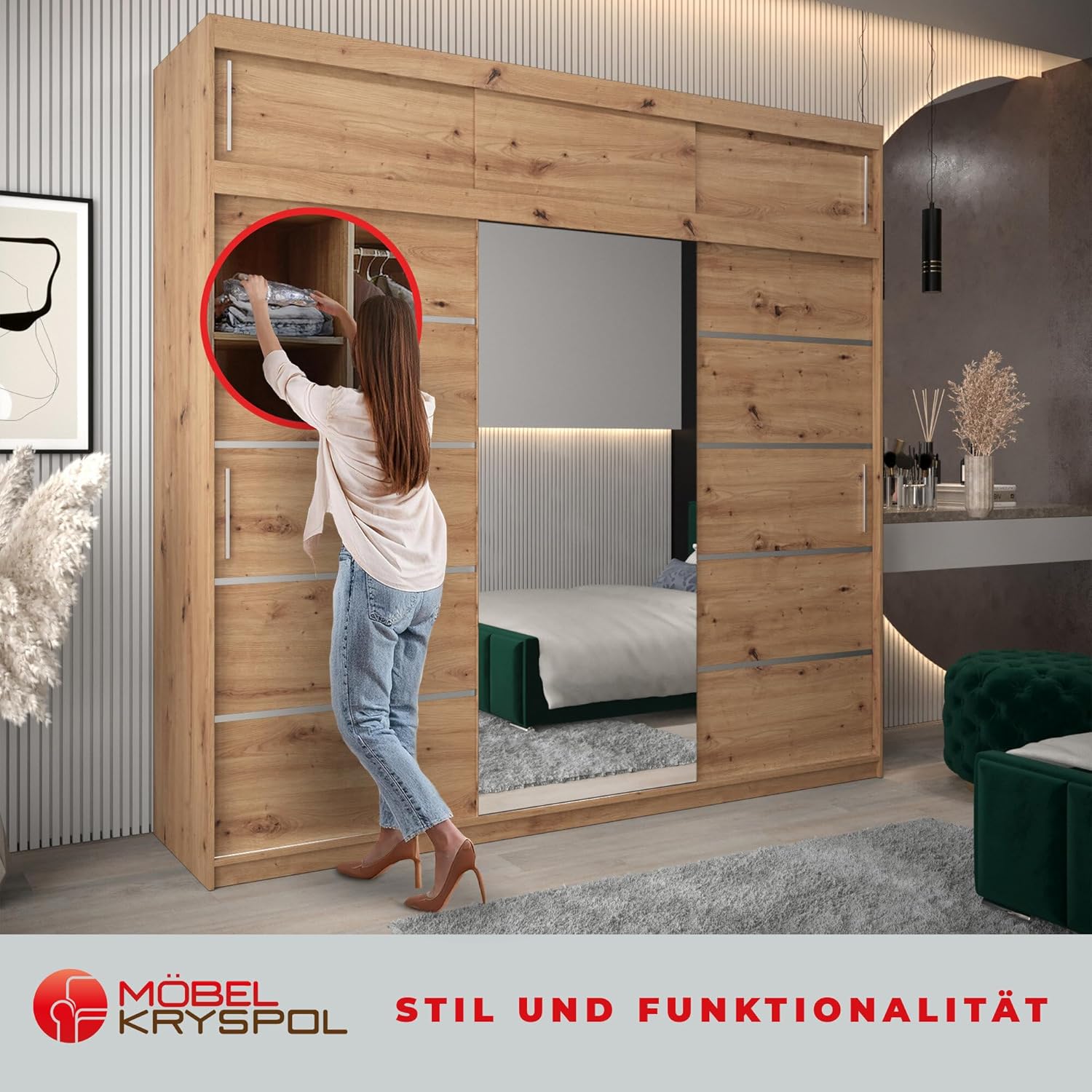 MEBLE KRYSPOL Kleiderschrank mit Spiegel Verona 2 - Garderobenschrank - Schrank Schlafzimmer - Mehrzweckschrank DREI Schiebetüren - Regalen - Flur Möbel - Kleiderstange Schrank - Allzweckschrank