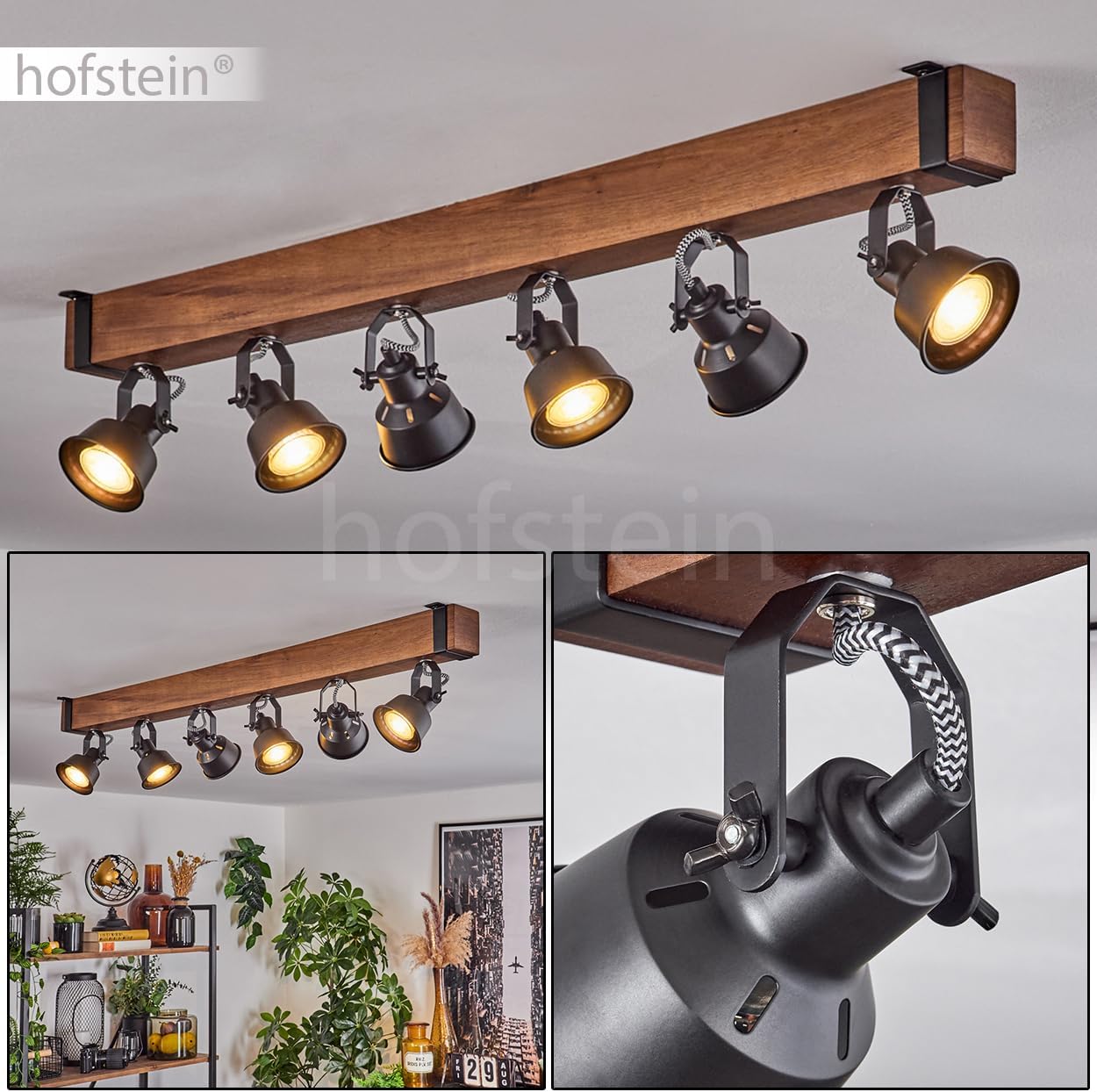 Deckenleuchte Safari, moderne Deckenlampe aus Metall/Holz in Schwarz/Dunkelbraun, Deckenleuchte im Industrial Design mit verstellbaren Schirmen, 6-flammig, 6 x GU10 ohne Leuchtmittel