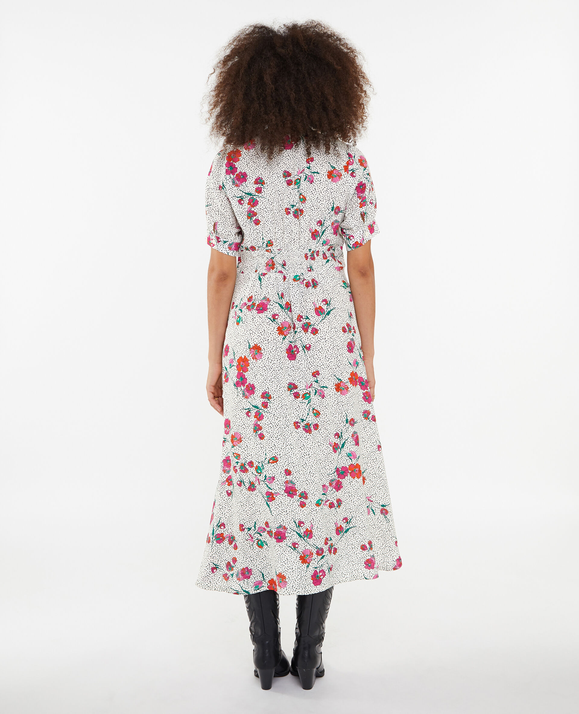 Robe longue boutonnée motif cœurs et fleurs - Blanc