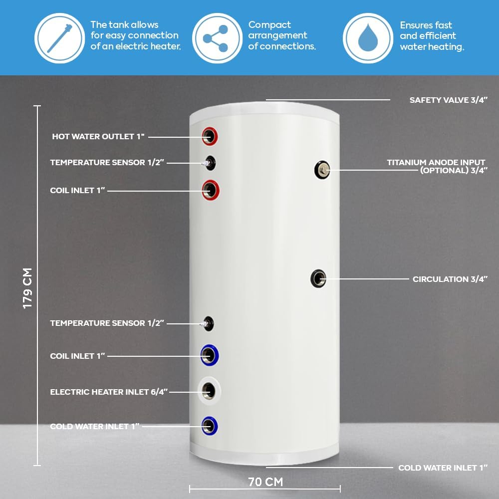 TECHGLOBE - Brauchwasserspeicher mit 1 Wärmetauscher (4 m²) - Komplett aus Edelstahl - Energieeffizient Warmwasserspeicher- mit 50mm Isolierung (500 L)