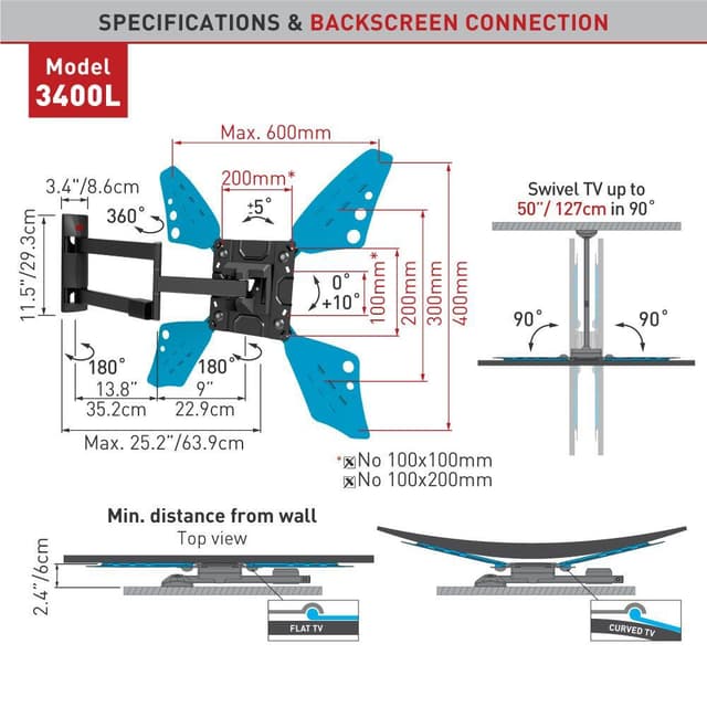Barkan Flat/ Curved TV Wall Mount 3400L Wall Mount, Full motion, 40-70 