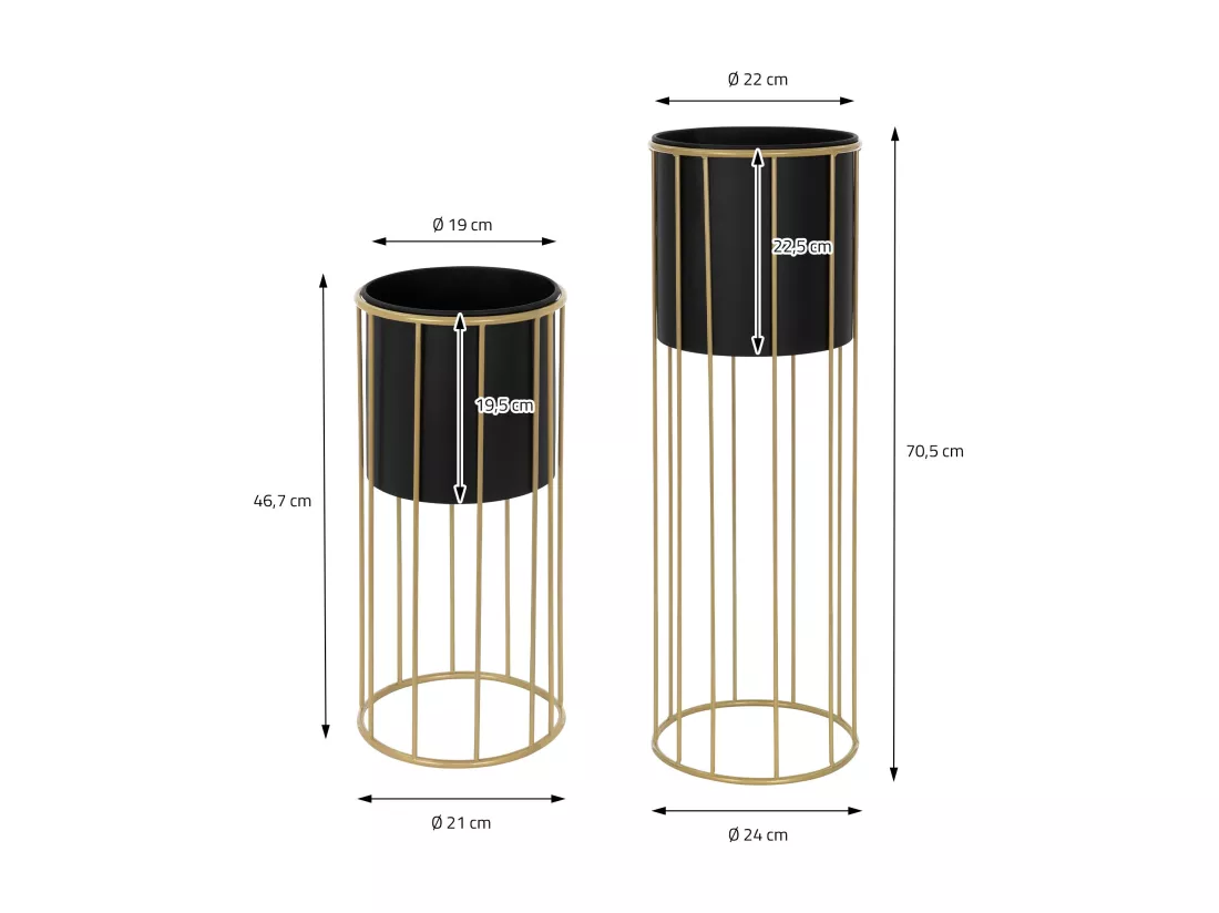 ML-Design Support pour fleurs, set de 2, noir-or, 21x46,7/24x70,5 cm, rond, acier, support pour pots de fleurs avec cache-pot, support pour plantes en métal, support pour pots de fleurs 2 pièces, pot de plantes Deko Colonne pour fleurs Tabouret pour