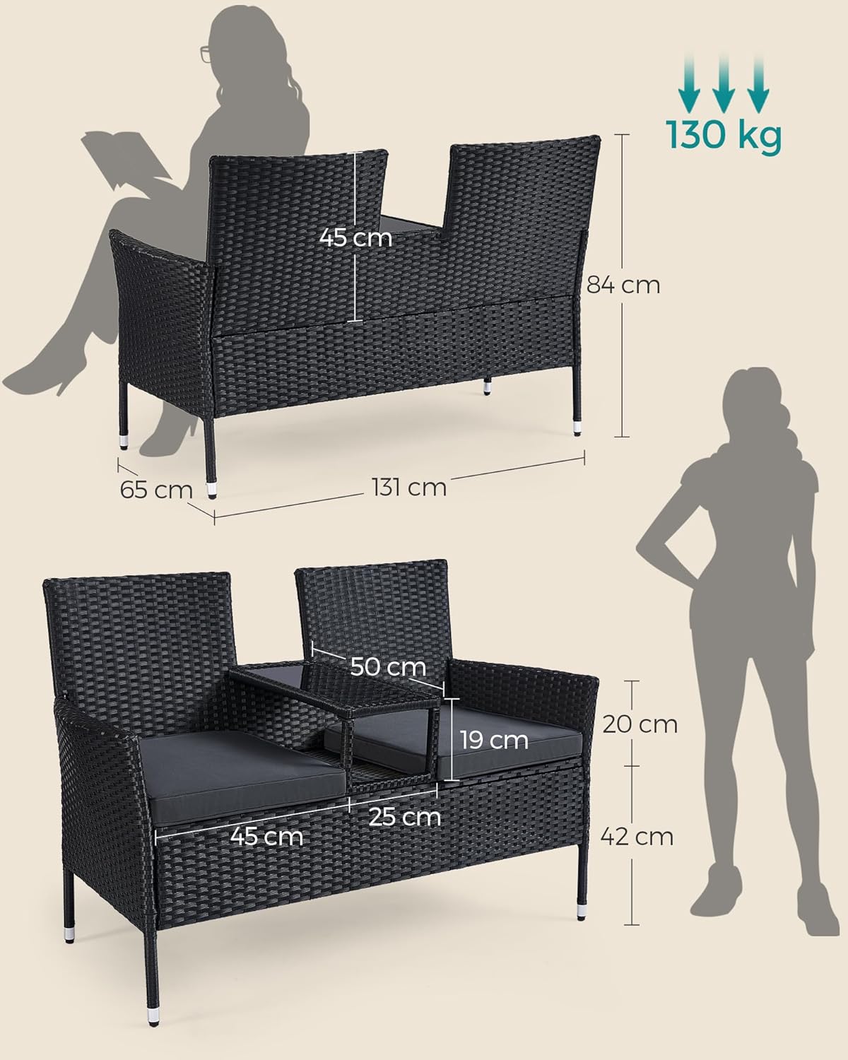SONGMICS Gartenmöbel, Balkonmöbel aus PE-Polyrattan, Gartenbank, mit Tisch, Sofa, Terrassenmöbel, Outdoor, mit Kissen, für Terrasse, Garten, Balkon, schwarz-dunkelgrau GGF022B01