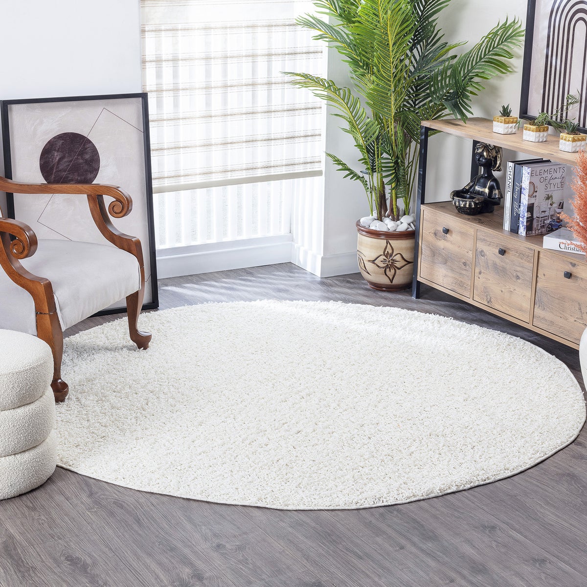 Modern hoogpolig rond shaggy vloerkleed, wit, Ø 200 cm, LILLY