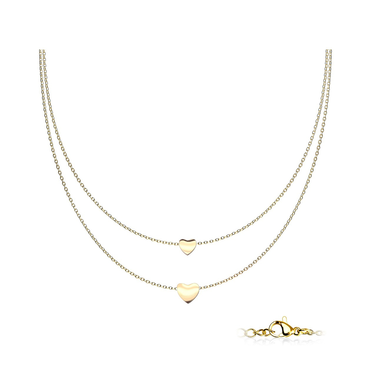 (45cm) Zweireihige Edelstahl Damen Halskette mit Herz Anhänger - Gold