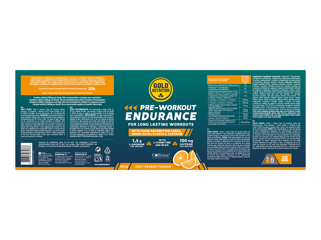 SUPLEMENTO GOLDNUTRITION PREWORK ENDURANCE LARANJA 300G