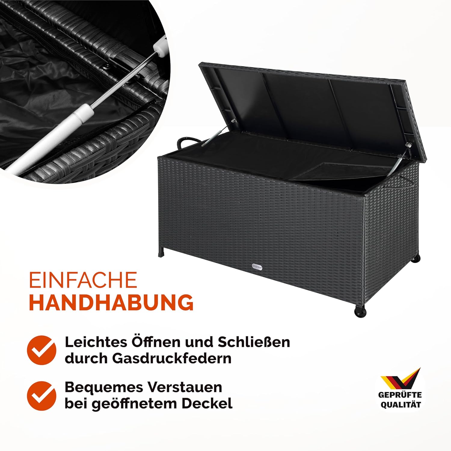 Casaria® Gartenbox Auflagenbox mit Rollen 270L Stauraum UV-beständig Handgriffe Gasdruckfeder Wetterfest 117x53cm Garten Aufbewahrungsbox Schwarz