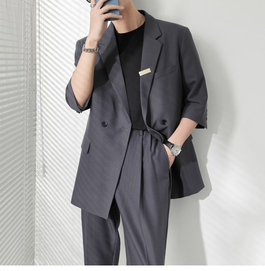 Naideth - Set: Reverskraag Effen Dubbelrijs Blazer + Middelhoge Rechte Broek