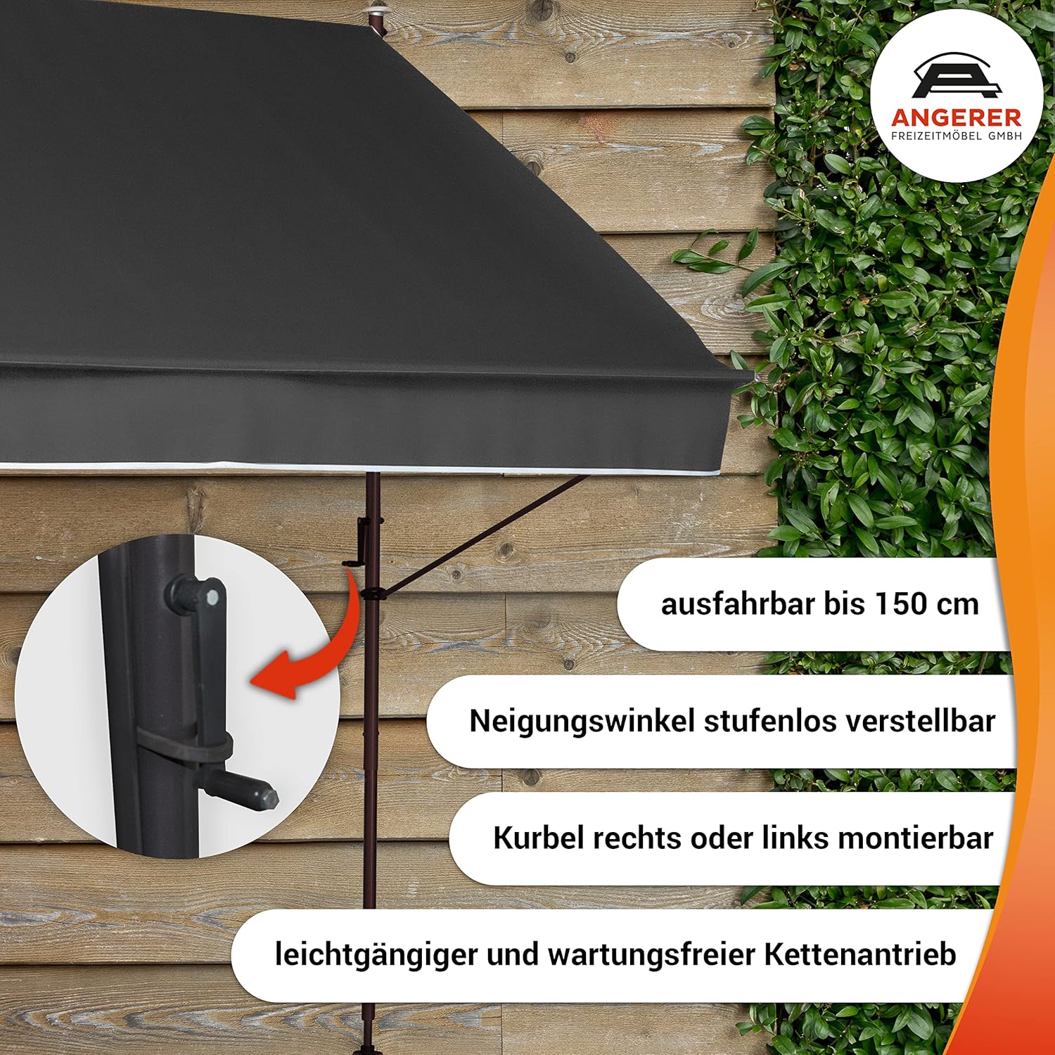 Angerer Klemmmarkise Style mit Handkurbel, Terrasse/Balkon, einfache Montage ohne Bohren, Made in Germany, hochwertiger Stoff, UV-beständig, höhenverstellbar, wasserabweisend, 400 cm Dunkelgrau