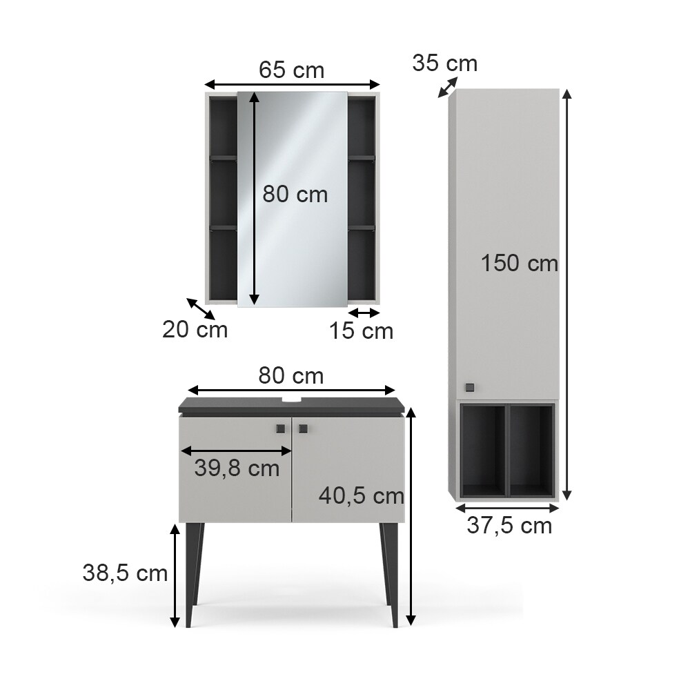 Vicco Badmöbel-Set Gerta in Grau-Schwarz, Badezimmer-Set, moderne Badserie, Spiegelschrank, Waschbeckenunterschrank, Hängeschrank mit 1 Tür