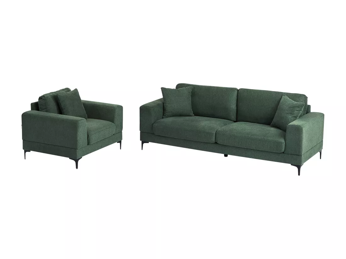 Canapé 3 places et fauteuil en tissu texturé vert JAMOLO