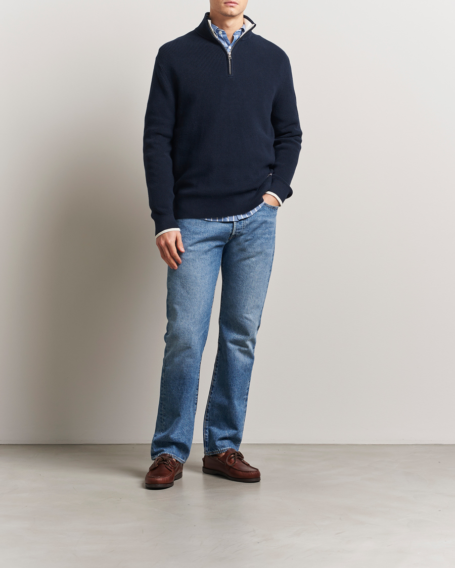 GANT Ribbed Cotton Half Zip Evening Blue