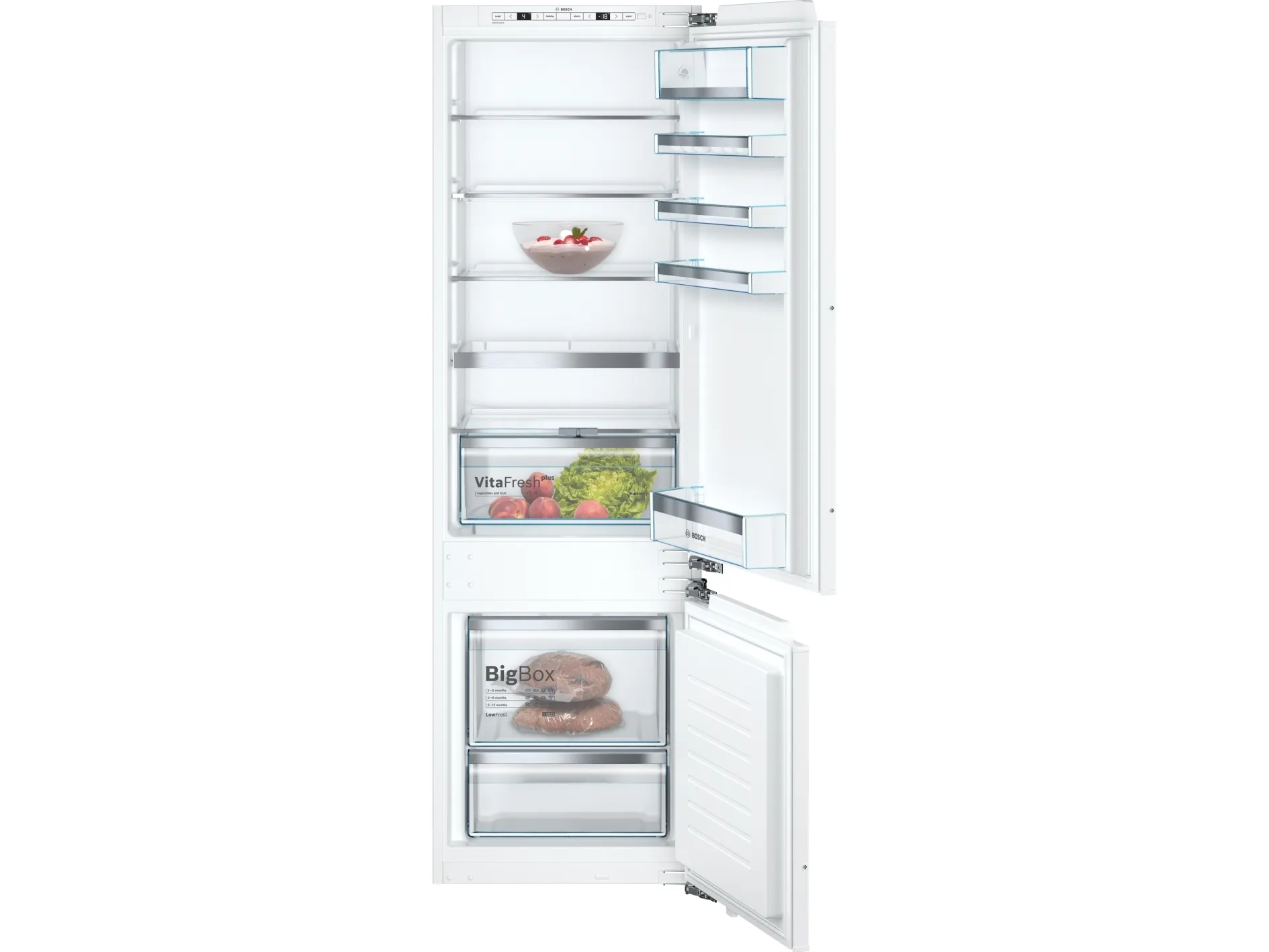 Bosch Serie | 6 KIS87AFE0 - Køleskab/fryser - bund-fryser - til indbygning - niche - bredde: 56 cm - dybde: 55 cm - højde: 177.5 cm - 272 liter - Klasse E - Fladhængsel