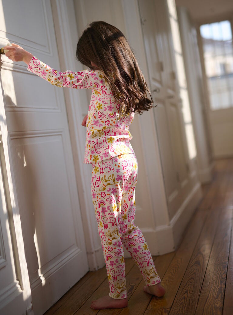 Pyjama écru, rose et jaune à imprimé fantaisie fille