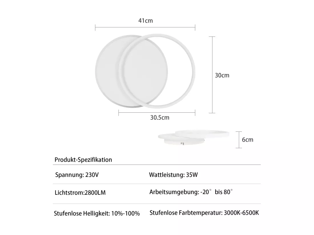NETTLIFE Plafonnier LED Dimmable Télécommande Blanc Plafonnier 35W Moderne Plat Rond 41CM