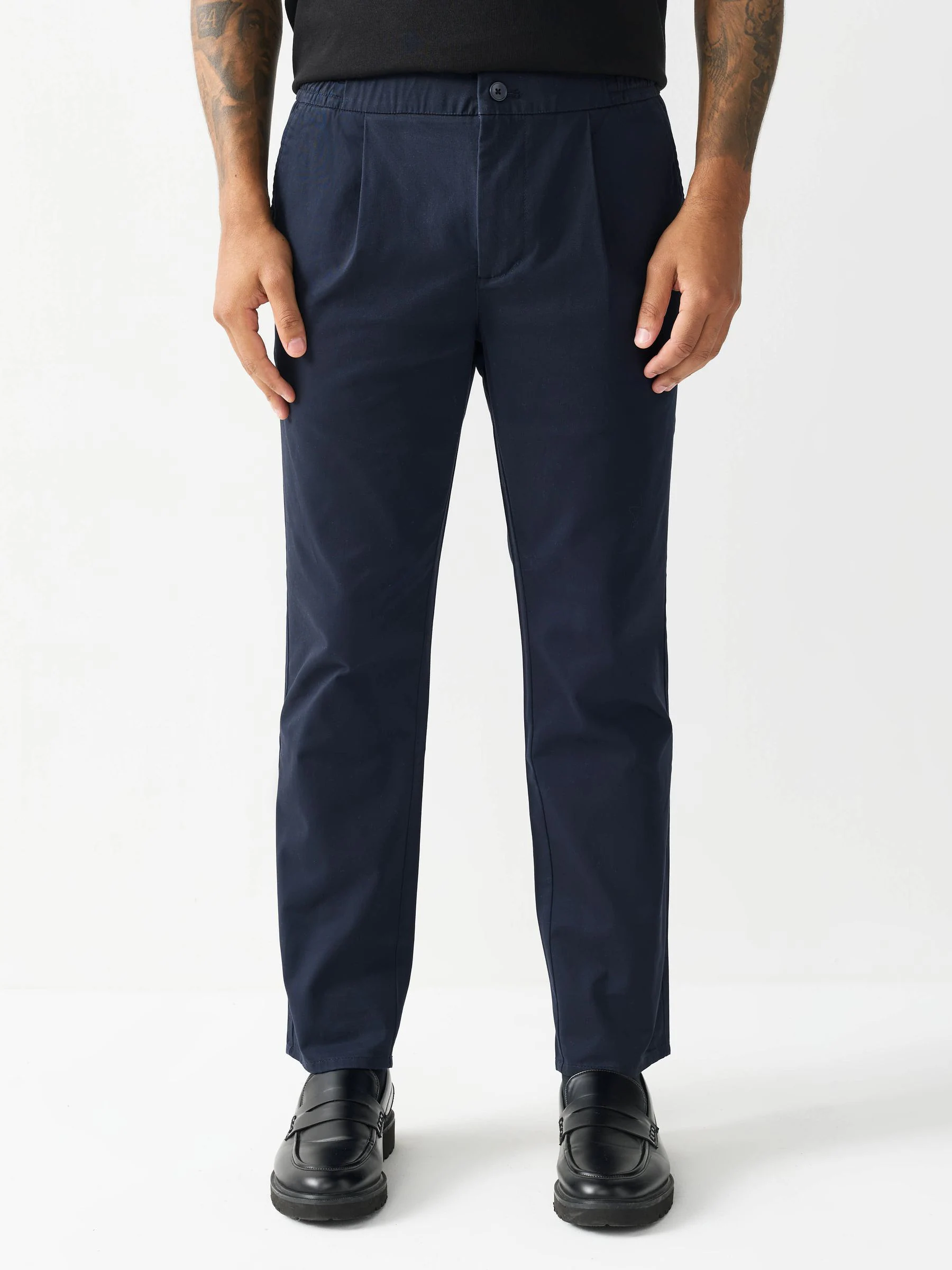 Marineblauw - Slim Fit - Pleated Stretch Chinos Trousers With Elasticated Waist
