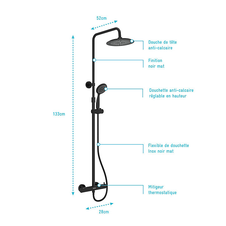 Colonne de douche thermostatique avec pommeau + douchette 2 jets + flexible + barre réglable, noir mat, Galedo Arty