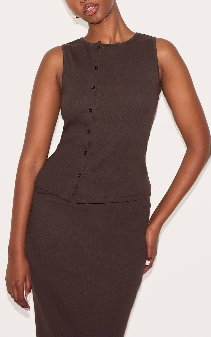Chocolat Débardeur Asymétrique Côtelé Boutonné