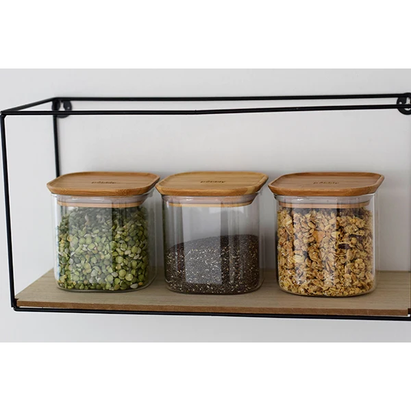 Set de 3 boites carrées verre et bambou 800 ml Pebbly