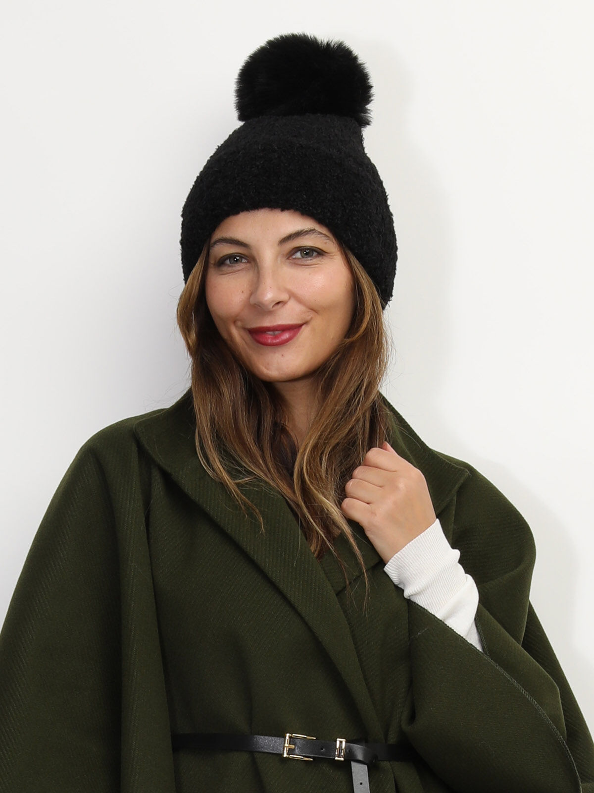 Bonnet molletonné à pompon- Noir