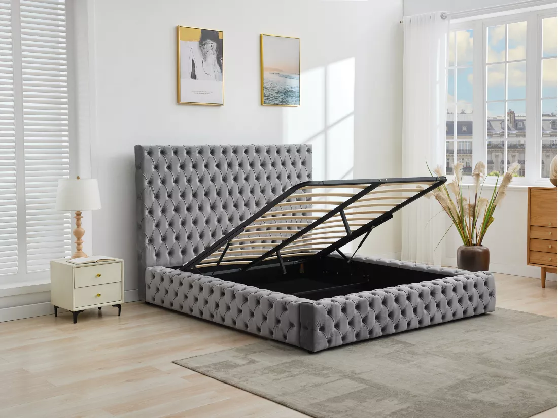 Lit coffre chesterfield 180 x 200 cm - Velours - Gris + Matelas - DULENI
