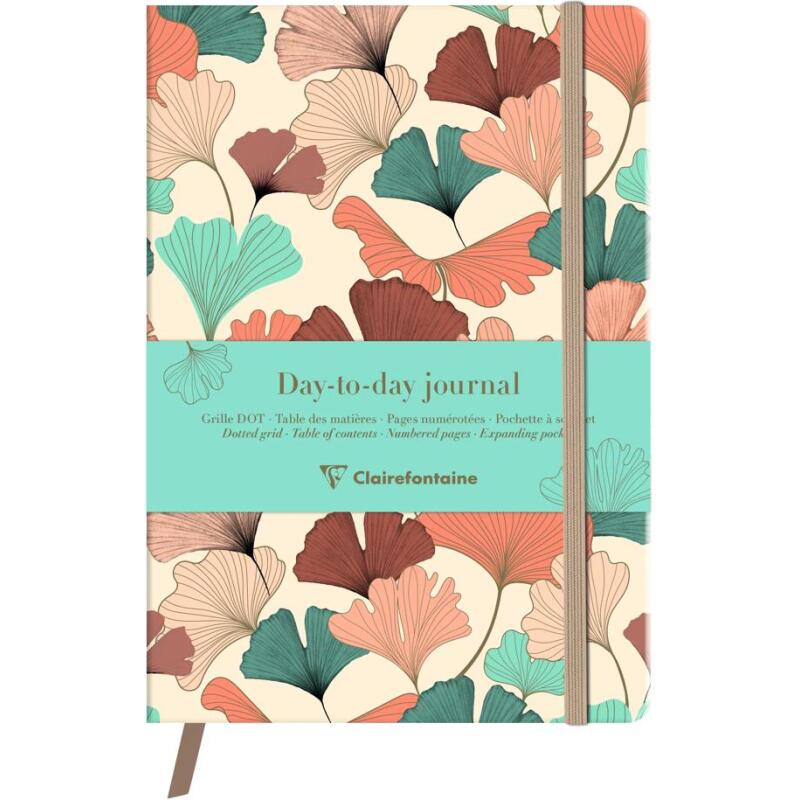 Gaïa beige, DaytoDay journal A5 14,8 x 21 cm, 192 pages, dot, pochette à soufflet au dos, marquepage, fermeture élastique, ass.