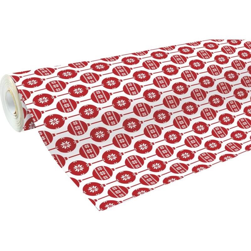 Papier cadeau Alliance, largeur 70 cm - Rouleau de 50 m, Boules de Noël scandinavec - Rouge