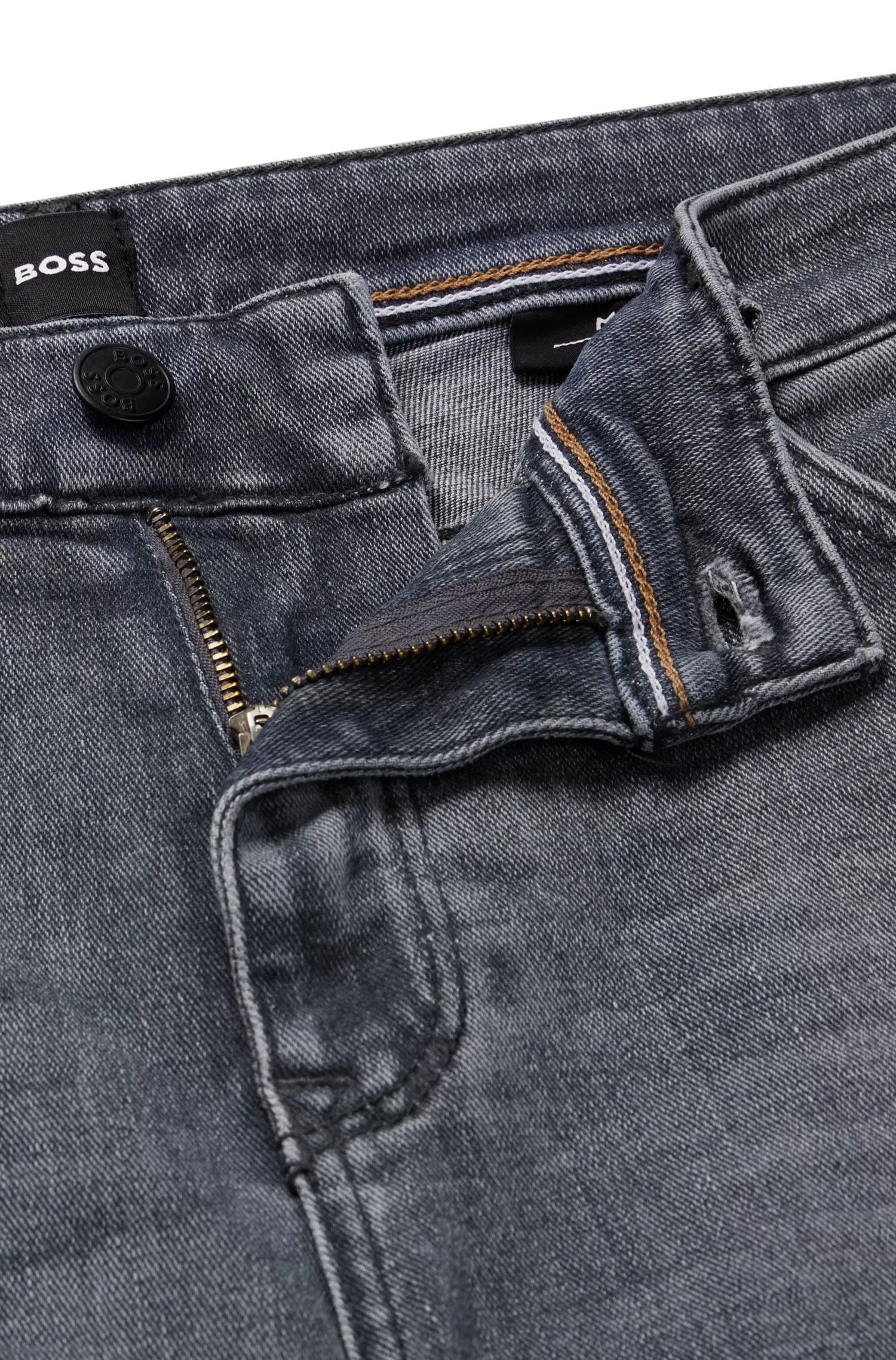 Calça jeans BOSS preta, corte regular, em denim italiano cinza de toque macio.