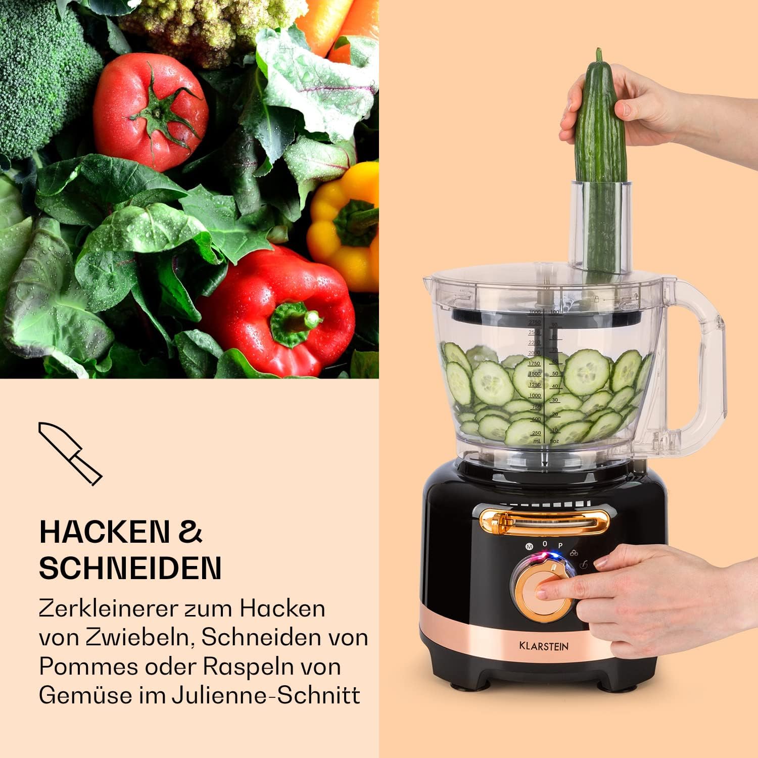 Klarstein Luca Multifunktionsmixer Standmixer Zerkleinerer Küchenreibe Saftpresse Food Processor, 1000 Watt, stufenlos, 6 Modi, BPA-frei, 3 Liter, 3 l Messbecher, Spatel, Schwarz