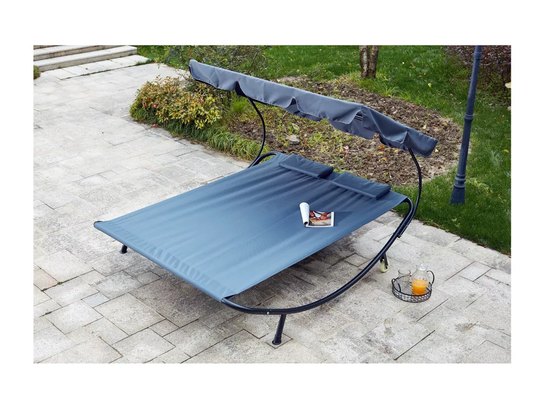 Transat de jardin 2 personnes avec pare-soleil gris ALOHA