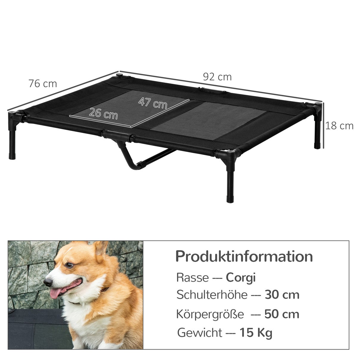 PawHut hondenbed, 92L x 76B x 18H cm, metalen buis, 600D Oxford en Texteline stof, zwart