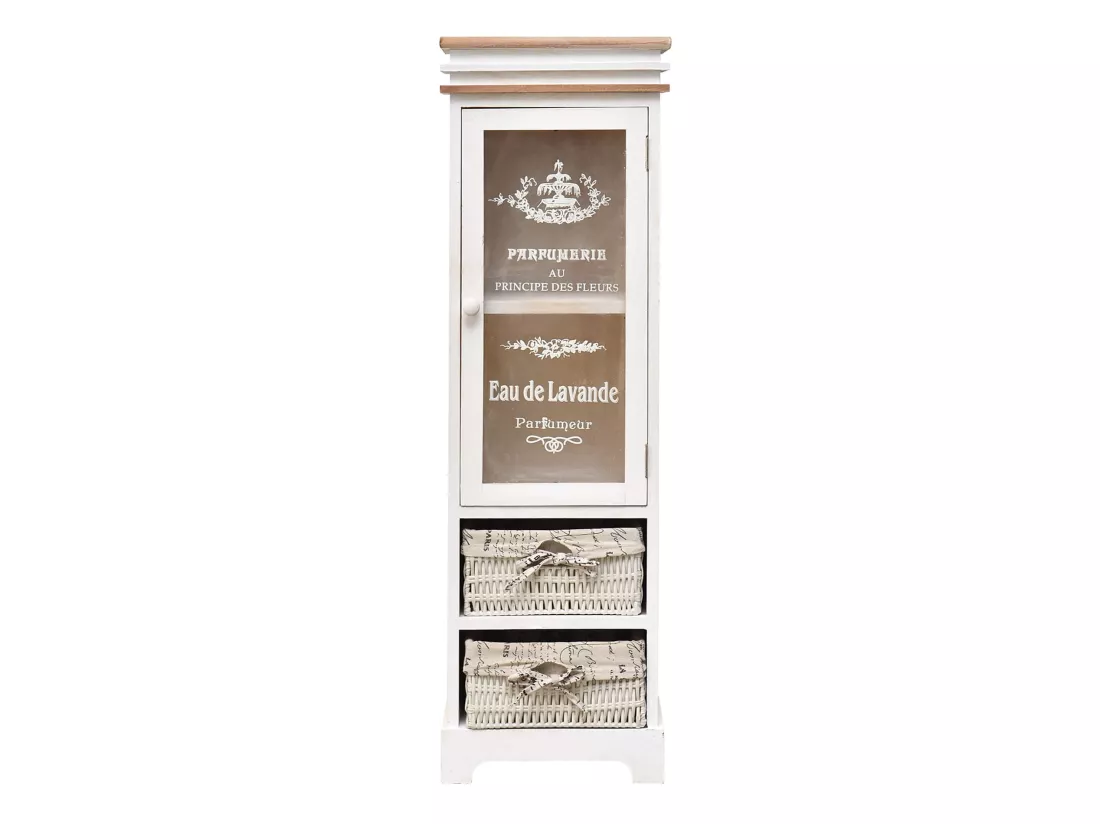 Meuble 2 Paniers 1 Port Bois Osier Blanc 102x32x27