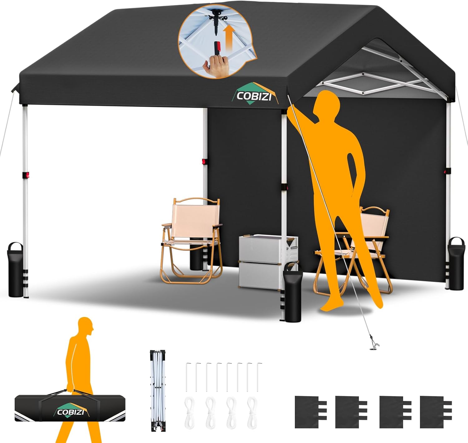 COBIZI Pavillon 3x3m, Faltpavillon 3x3 Wasserdicht Stabil One Push Pop up Carport Partyzelt mit 1 Seitenteilen & 4 Sandsack, 3 höhenverstellbar,Gartenpavillon für Camping Hochzeit UV-Schutz, Schwarz