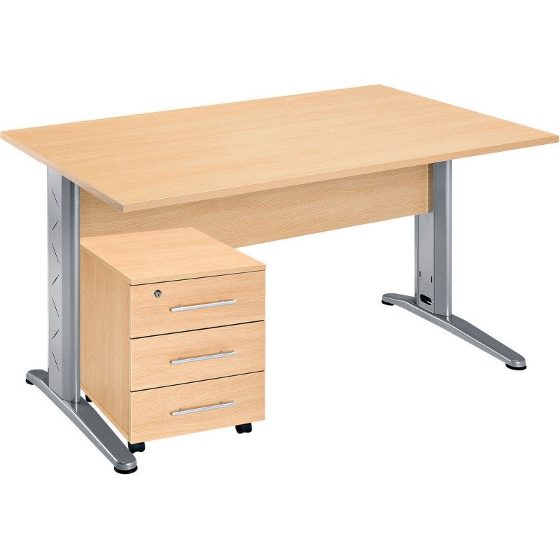 Pack bureau droit hêtre pied L métal + caisson mobile 3 tiroirs Altys